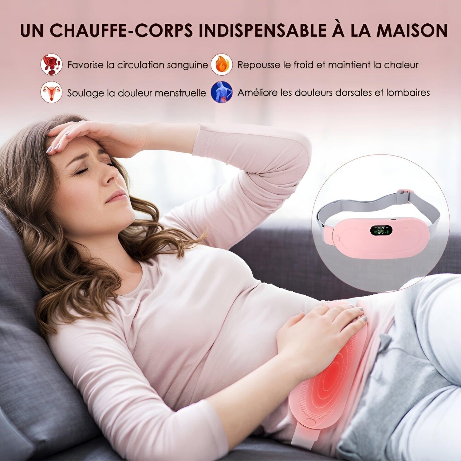 Ceinture chauffante douleurs menstruelles utilisée par une femme pour soulager les crampes abdominales.